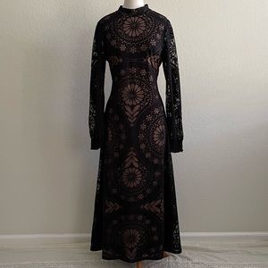 FARM RIO open back black floral overlay midi maxi dress